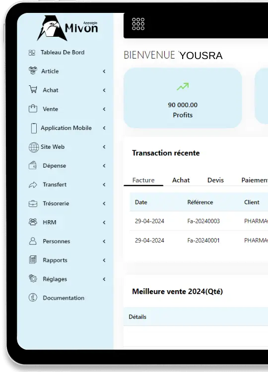 mivon dashboard gestion de stocl